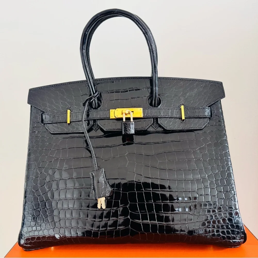 Hermès Birkin 35 – Shiny Porosus Crocodile, Black Box Dust Bag keys Clothette - Picture 1 of 16